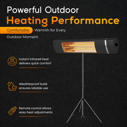 Outdoor Carbon Fiber Infrared Patio Heater - 800/1300/1500W, Tripod Stand or Wall Mount, IP65 waterproof, Remote Control, Silent & Energy-Saving for Balcony, Backyard, or Patio