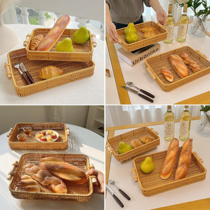 GIB Woven Baskets Serving Trays with Handle, Small Rectangle PP Wicker Rattan Trays Bread Basket for Serving Food, Vegetables, Breakfast, Coffee Table Decor, 14" & 12", Set of 2