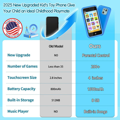 PAMOX Kids Toy Phones with Dual Camera, Learning Toys Phones Gifts for Kid 3-12 with 200+ Educational Puzzle Games, 4" Touchscreen Rechargeable Blue Child Smartphones with Parental Control