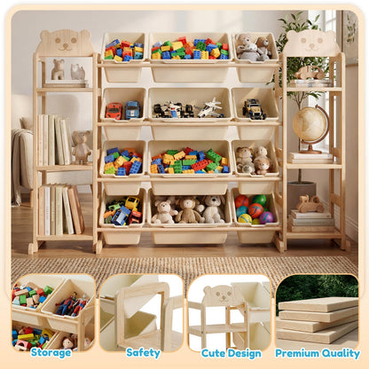 Toy Storage Organizer, Extra Large WoodenToy Storage, with 6 Side Shelves and 12 Bins, 3 -in-1 Bookshelf for Bedroom Playroom, Nursery, Wood Kids Toy Shelf and Bookcase 52.3"W x 13.5"D x 31.5"H