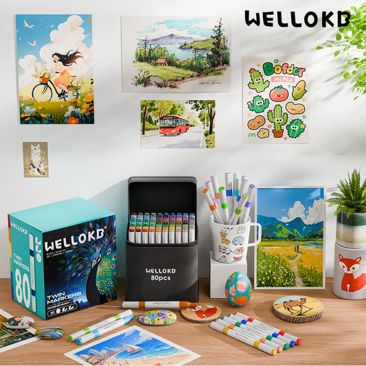 WELLOKB Alcohol Markers, 80 Colors Dual Art Colored Markers for Coloring Book, Painting, Drawing, Alcohol Based with Carrying Case (80, Broad&Fine)