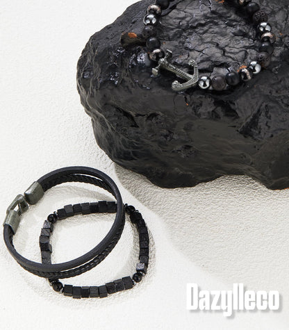 Dazylleco 3pc Mens Beaded Bracelets Silver Stainless Steel Chain Bracelet for Men Handmade Braided Bracelet Sets Jewelry Gifts for Men(89-Black Anchors)