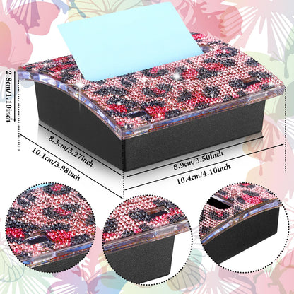 Barydat Rhinestone Self Stick Note Dispenser 4 x 4 Inches Pop up Note Pad Holders with Leopard Print Top Sticky Memo Holder for Office Home Classroom Desk Supplies