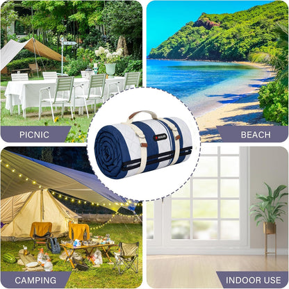 HX&OD Outdoor Picnic Blanket Extra Large, 80''*80'' Waterproof Picnic Mat with Stakes Foldable Camping Blanket Portable with Carry Strap for Beach Mat (Blue& White, 80''*80'')