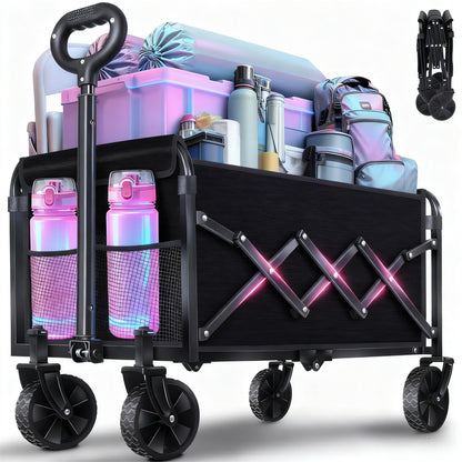 Collapsible Folding Utility Wagon Cart with Wheels, 360 Lbs Heavy Duty Outdoor Foldable Wagon with Adjustable Handle, 2 Drink Holders, Portable Wagon for Groceries, Garden, Beach, Camping, Shopping