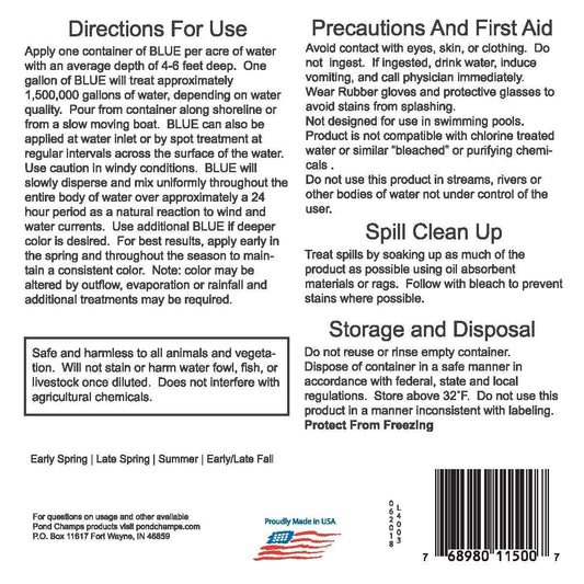 Blue Lake and Pond Dye - One Gallon of Professional Lake & Pond Dye - Treats Up to 1 Acre - Royal Blue Color - Safe for Fish, Wildlife, Pets & Children