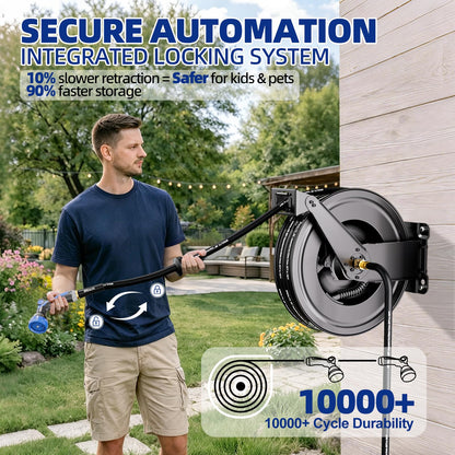 SPECILITE Hot/Cold Retractable Garden Hose Reel 50ft x 5/8'', -50℉ - 190 ℉, Wall Mount Water Pipe Spool, Heavy Duty, with 6ft Leader Hose, 8 Function Nozzle, for Backyard, Outdoor, Farm, Boat, Black