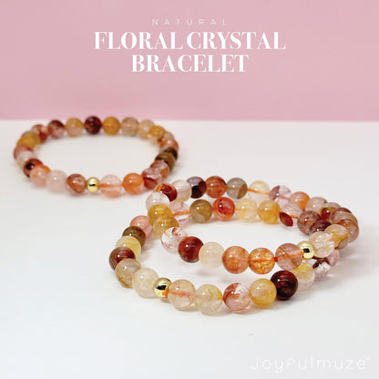 Joyfulmuze Natural Floral Crystal, Pink Yellow Orange Summer and Fall Stretch Bracelet, Handmade Gift for Women and Men, Round Beads 8mm 7" wrist (Floral-Crystal)