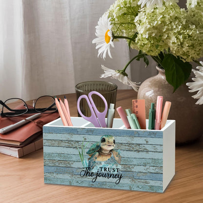 DILSJ Coastal Beach Sea Turtle Pen Pencil Holder Organizer for Desk, Sea Turtle Gifts, Trust the Journey Inspirational Wooden Box Signs for Home Office Desk Tabletop Decoration