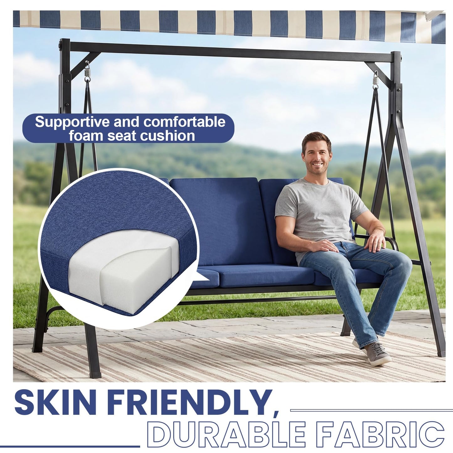 Sintuff 3 Seat Outdoor Porch Swing Cushions, Water-resistant Swing Cushions Replacement with Anti-slip Design, Porch Bench Cushion Liner and Cover 2 in 1 for Patio Garden, Chair Not Include(Navy Blue)