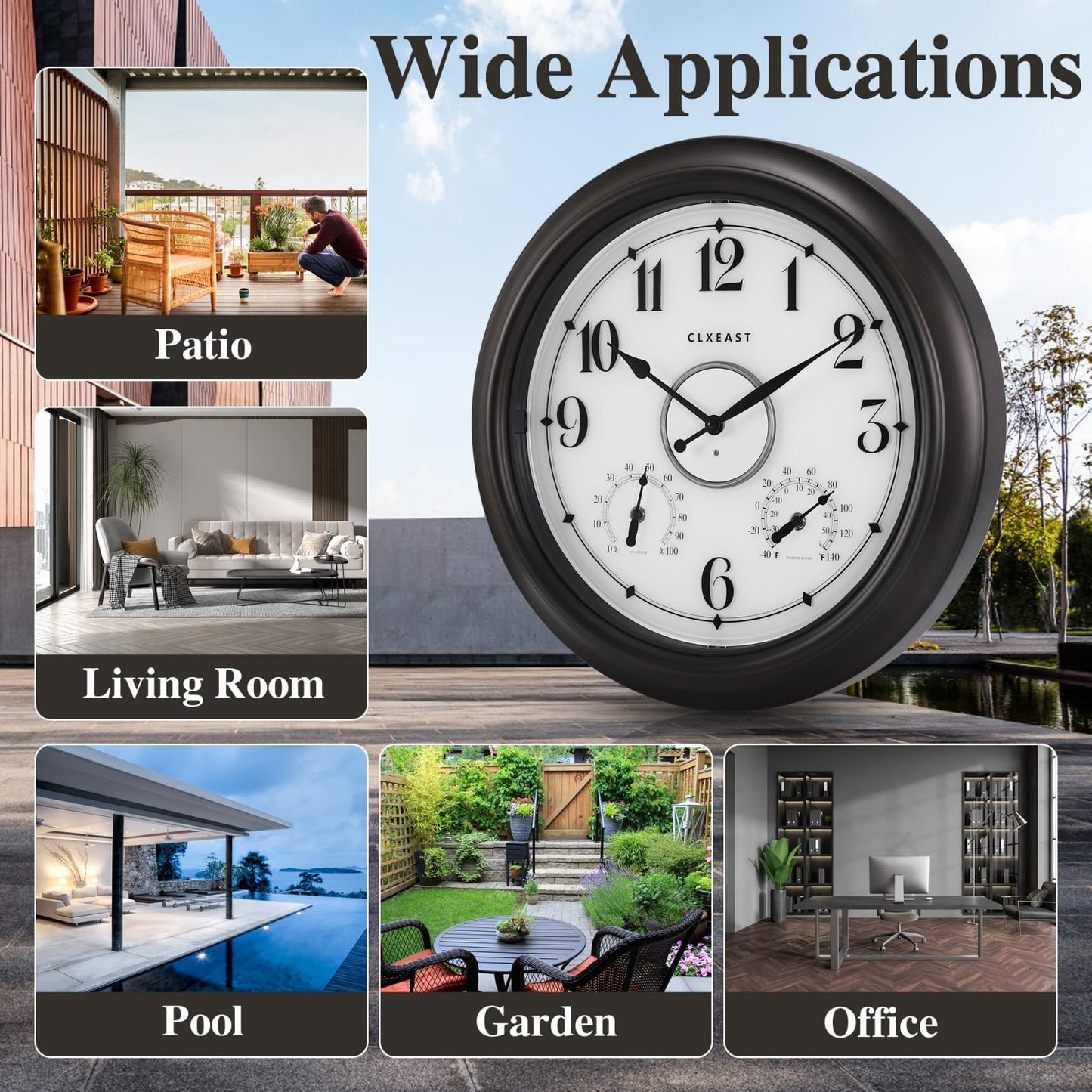 CLXEAST Illuminated Indoor Outdoor Clocks Waterproof 18 inch with Smart Night Light Sensor,Large Wall Clock with Thermometer & Hygrometer,Oil Rubbed Bronze Black,Spring Outdoor Decor