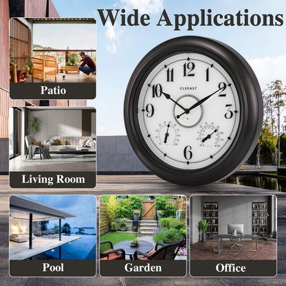 CLXEAST Illuminated Indoor Outdoor Clocks Waterproof 18 inch with Smart Night Light Sensor,Large Wall Clock with Thermometer & Hygrometer,Oil Rubbed Bronze Black,Spring Outdoor Decor