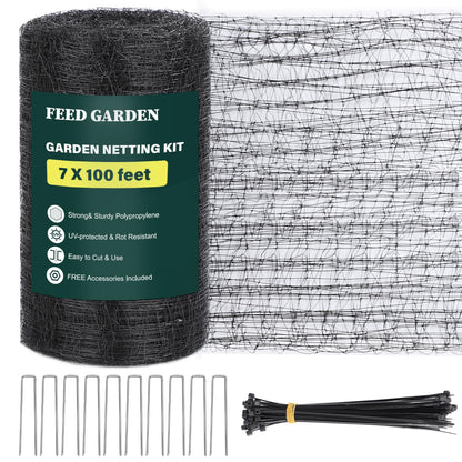 FEED GARDEN Heavy Duty Deer Netting - 7x100ft UV-Protected Garden Fence with 3/4" Fine Mesh - Includes 10 Stakes & 50 Zip Ties for Easy Installation