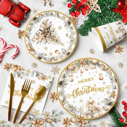 MEHOFOND Christmas Party Supplies193PCS, Gold Christmas Tree Disposable Dinnerware Paper Plates, Napkins, Cups, Cutlery,Tablecloth for Xmas Holiday Party Decor, Serve 24 Guestst