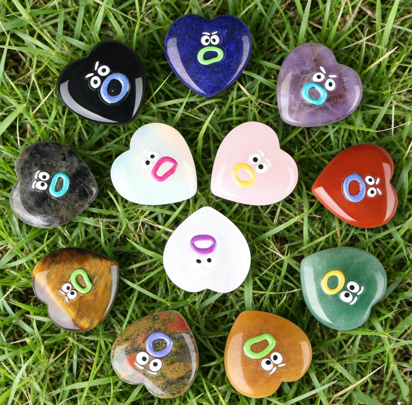 XIANNVXI Funny Emotion Heart Polished Stone Gift 12pcs Natural Heart Healing Crystals Stones Mothers Day Graduation Birthday Gifts for Women Cute Emoji Carving Figurine Crystals Present