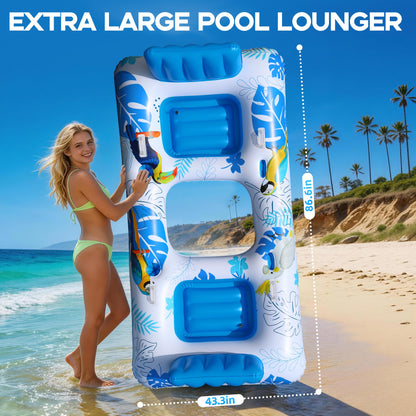 FluSing 2 Person Inflatable Pool Float Adult,87” x 44” Extra Large Inflatable Tanning Pool Lounger Float with Cup & Phone Holders,Pool Float Chair Heavy Duty,Sunbathing Pool Lounger Raft Pool Floaties