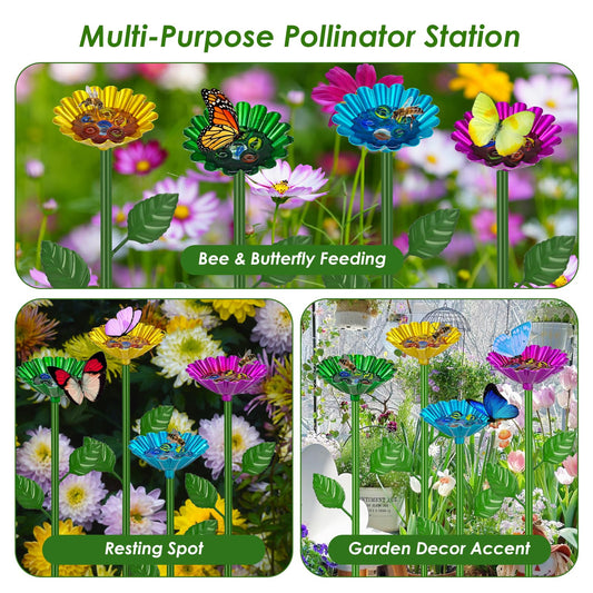 Tiaforza 4 Pcs Metal Bee Watering Station for Garden - Height-Adjustable Bee & Butterfly Feeder with 20 Glass Marbles, Colorful Flower Design Bee Bath Bowl for Outdoor Yard Decor