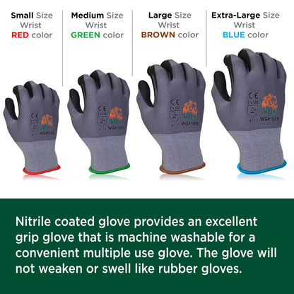 WOLF Ultra-Thin Nitrile Foam Grip Palm Coated Nylon Shell Work Glove, Construction, Gardening, Mechanics, Warehouse, Multi-Purpose, Black (12, Extra Large)