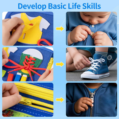 Toddler Busy Board, Montessori Busy Book for Toddlers, 12-Page Quiet Educational Activity Book for Motor Skills, Learning Sensory Travel Toys for Car Airplane, Birthday Gifts for Boy Girl Kids (Blue)