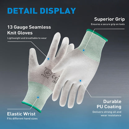 S SATC 12 Pairs Safety Work Gloves with grip, 13 Gauge Seamless Knit Gloves with Polyurethane Coated on Palm, Ideal for Automotive, Gardening, Mechanics, Small