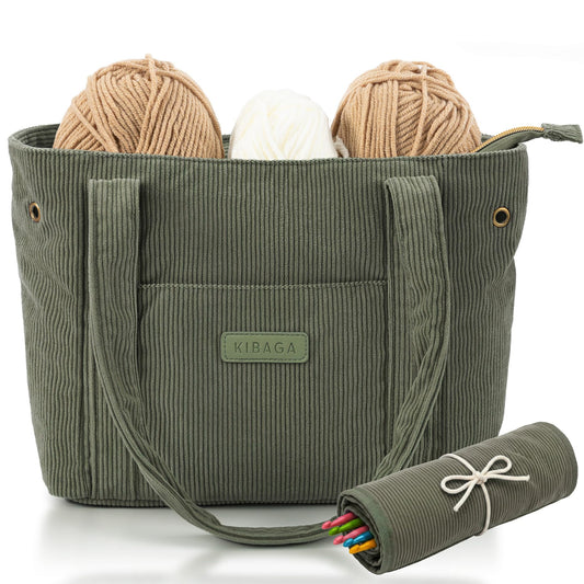 KIBAGA Stylish Yarn Bag for Crochet and Knitting Projects - Corduroy Crochet Organizer with 4 Interior Pockets and Yarn Holes - Perfect for Storing Hooks, Needles and Crafting Accessories