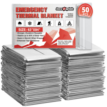 SecuCaptain Survival Emergency Thermal Blankets: 50 Pack Extra Large 84” x63” Space Mylar Blanket Kit for Outdoor Cold Winter Camping Hiking Car Bug Out Bag or First Aid