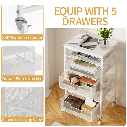 Sbanmao Utility Cart with 5 Drawers, Rolling Storage Cart with Wooden Tabletop and Lockable Wheels, Storage Drawer Cart with Drawers, Craft Cart for Bedroom, Classroom, Home, Office, White