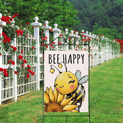 Artofy Spring Summer Bumble Bee Sunflower Large Decorative House Flag, Bee Happy Flower Floral Yard Garden Outside Decor, Honeybee Seasonal Burlap Outdoor Home Decoration Double Sided 28 x 40