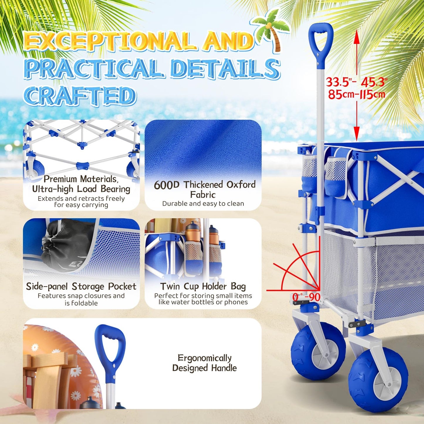 𝐔𝐩𝐠𝐫𝐚𝐝𝐞 Beach Wagon with Big Wheels for Sand, Double-Decker, 9" PVC All-Terrain Wheel, 500 lb Load Capacity, Oversized 400L, for Beach, Camping, Garden & Outdoor Sports (Blue)