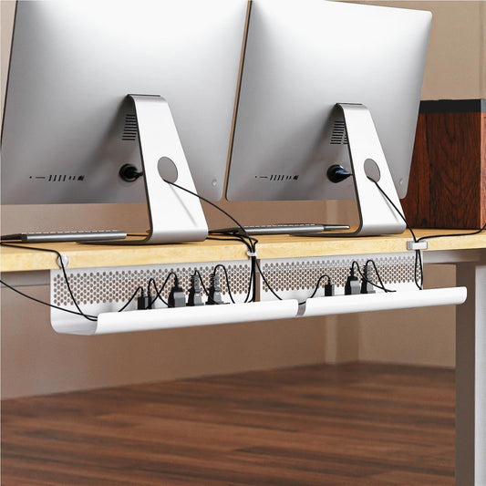 KHAMAL Cable Management Under Desk 26PCS - Cable Management Tray Kit Ventilated Hexagonal Design with Cable Clips, Wire Ties, Cord Holder & Screws for Office, Home - 2 White Sets