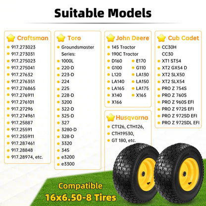 2 Pcs 16x6.50-8 Tubeless Lawn Mower Tire and Wheel, 16x6.5-8 Lawn Mower Tire, with 3/4" Bearing (extra 1" Bushing), 3-5" Offset Hub, 4-Ply Tubeless, 35 PSI, Fits Riding Mower & Lawn Tractors, 715 lbs