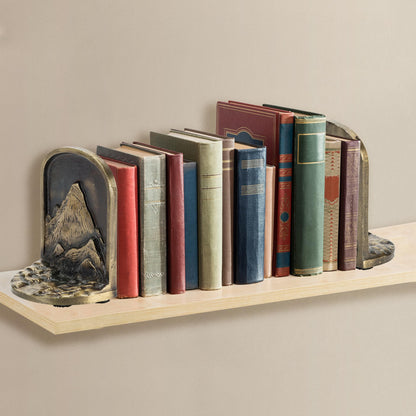 CRAFTSMAN ROAD Cast Iron Mountain Bookends Set, Antique Brass Book Ends, 2 Decorative Book Holders for Shelves or Bookcase, Stylish Brass, Non-Skid Anti-Slip Heavy Duty, Home Décor Gift