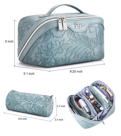 BOYATU Travel Makeup Bags Cosmetic Organizer Bag: 3 Pcs Set Large Capacity Floral Make up Bag with Compartments - Waterproof Leather Toiletry Bags with Handle for Women (01-Light Blue)