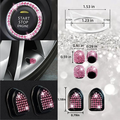 NBTEPEM 27-Piece Bling Car Accessories Set - Universal Fit Steering Wheel Covers, License Plate Frames, Phone Holder, Car Fast Charger, Coasters (Pink)