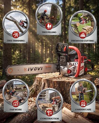 IVOVI 63CC Gas Powered Chainsaw with 20 and 18 Inch Bars, 3.7HP 2-Cycle Engine for Tree Felling, Logging and Firewood Preparation, Includes Portable Carrying Pouch and Tool Kit (Silver Black)