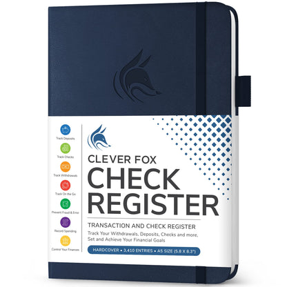 Clever Fox Check Register Book - Deluxe Transaction Register, Accounting Ledger Book, Checkbook Register & Checking Account Register Book for Personal and Work Use, A5 Hardcover - Dark Blue