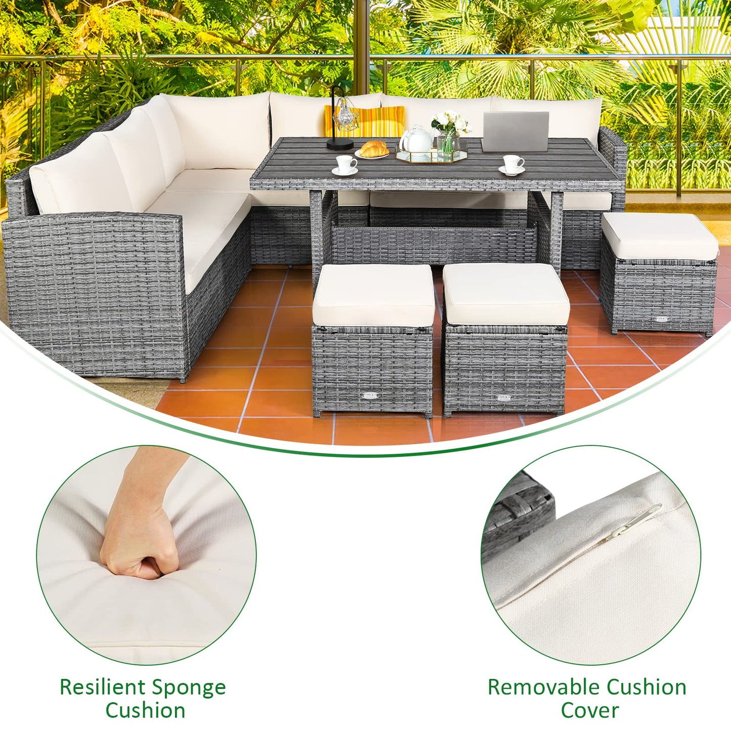 Tangkula 7 Pieces Patio Furniture Set, Outdoor Sectional Rattan Dining Sofa Set with Cushions, All Weather Wicker Conversation Couch Set with Dining Table & Ottomans for Yard Garden Poolside, White