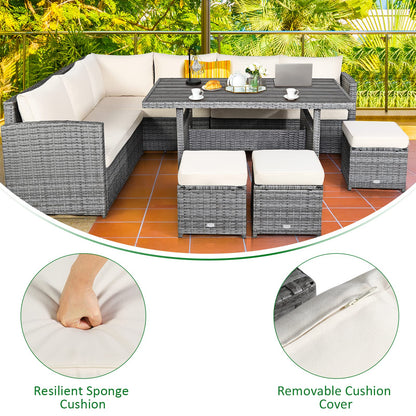 Tangkula 7 Pieces Patio Furniture Set, Outdoor Sectional Rattan Dining Sofa Set with Cushions, All Weather Wicker Conversation Couch Set with Dining Table & Ottomans for Yard Garden Poolside, White