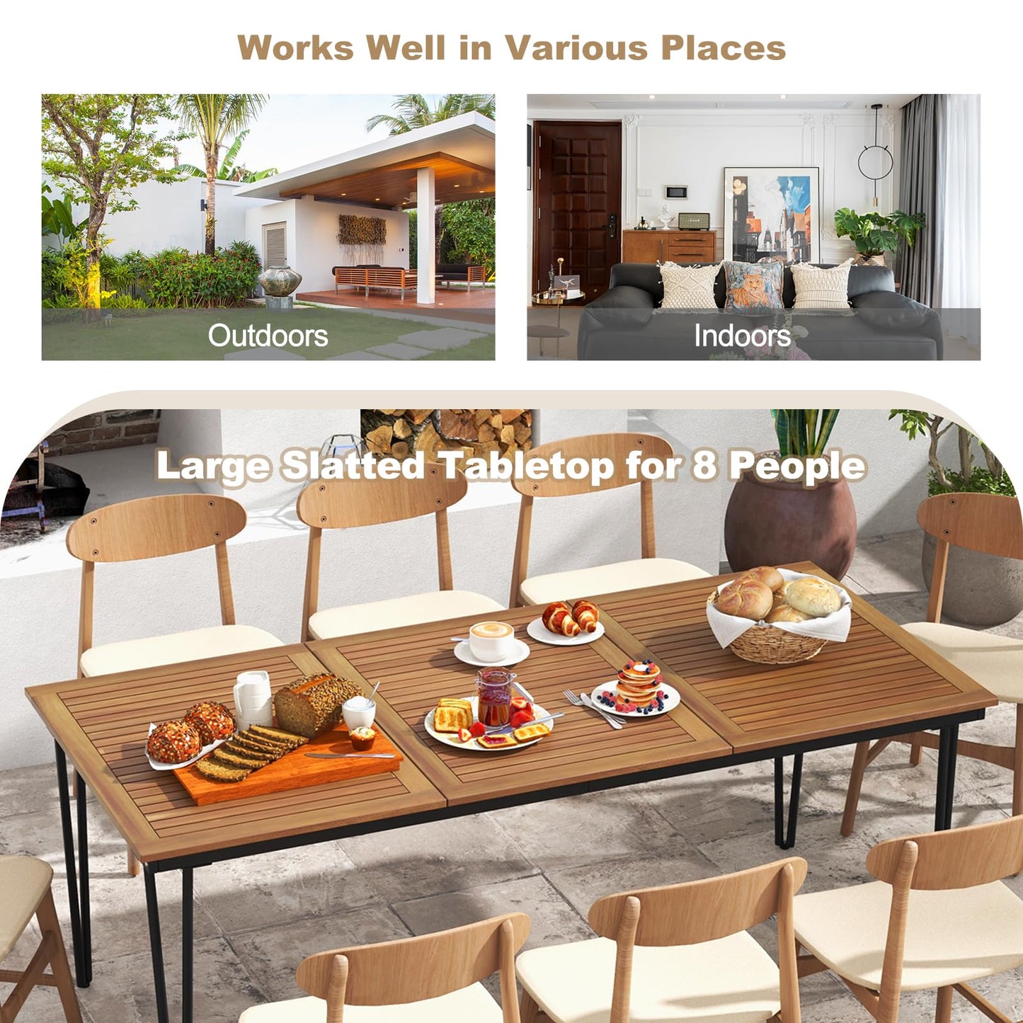 Tangkula 79 Inch Outdoor Dining Table for 8, Acacia Wood 8-Person Patio Table with 1.9 Inch Umbrella Hole, Metal Legs & Adjustable Foot Pads, Rectangular Outside Table for Garden, Poolside & Backyard