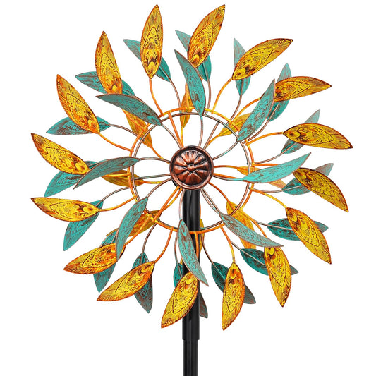 Metal Wind Spinners Outdoor, Kinetic Garden Wndmills,Yard Art Windmill with Metal Stake,Vintage Wind Sculptures & Spinners,Waterproof Pinwheels Large Wind Mill for Patio Lawn Yard Garden (Yellow+Blue)