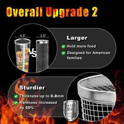 [Upgraded] Grill Basket 2 Pcs (Size XXL), Dishwasher Safe Rolling Grilling Baskets for Outdoor Grilling, Stainless Steel BBQ Grill Basket for Veggies, Grill Nets Cylinder, Gifts for Men/Dad