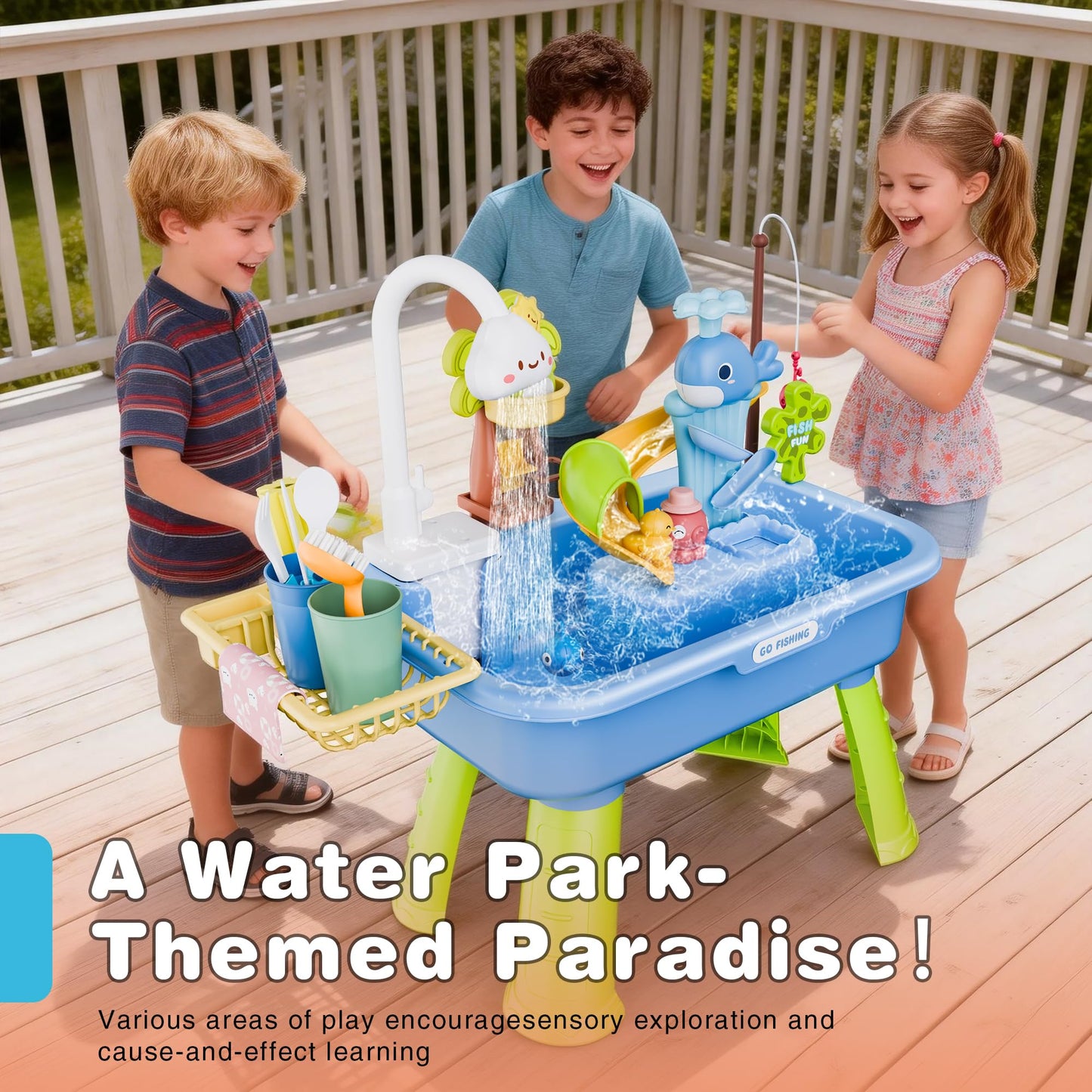 Cosminy 2026 Upgraded Water Table for Toddlers 3+, Water Table for Kids Ages 4-8 with Pump, Play Sink with Running Water, Kitchen Sink for Toddlers, Fishing Game and Outside Sensory Toys (Blue)