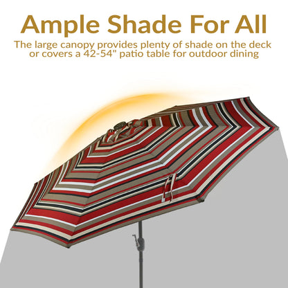 Sunnydaze 9 ft Striped Patio Umbrella with Solar Lights - Polyester LED Table Market Umbrella with Tilt and Crank - Awning Stripe