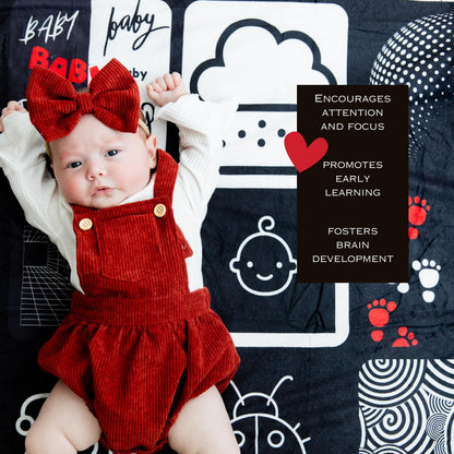 Baby Tummy Time Mat – High Contrast Black White Red Sensory Play Blanket for Newborn Visual Development, Infant Floor Play Area with Sherpa Backing, 50” x 60”
