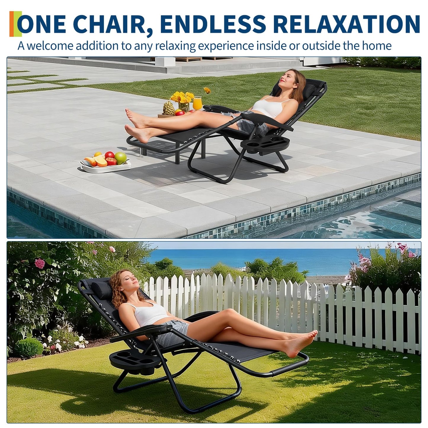 Patio Lounge Chairs Set of 2, Outdoor Recliner with Side Tray & Headrest - Heavy Duty Steel Mesh Folding Chairs, Adjustable Portable Camping Lawn Chairs for Poolside, Beach, Backyard, Deck