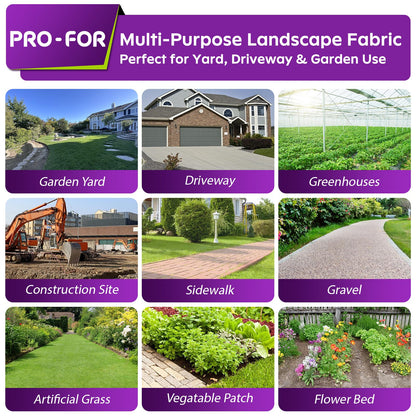 PRO-FOR 3FT x 100FT 3.2oz Heavy Duty Weed Barrier Landscape Fabric – Premium Woven Ground Cover for Gardening, Farming & Driveways, Breathable Weed Control Cloth with 10 U-Shaped Securing Pegs