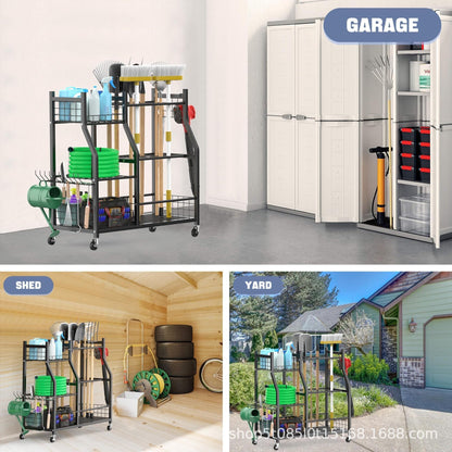 Extra Large Garden Tool Organizer Rack with Wheels, 3x2 Heavy Duty Garage Storage Stand Holds 60+ Tools, Black