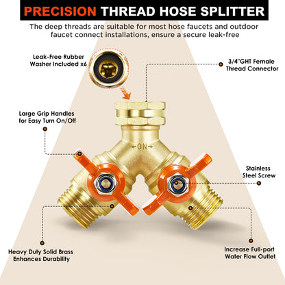 Garden Hose Splitter Full Flow 2 Way Brass Hose Splitter Heavy Duty All Metal Hose Y Splitter with Shutoff Outdoor Faucet Water Hose Splitter Y Valve Tap Adapter for Outdoor Garden