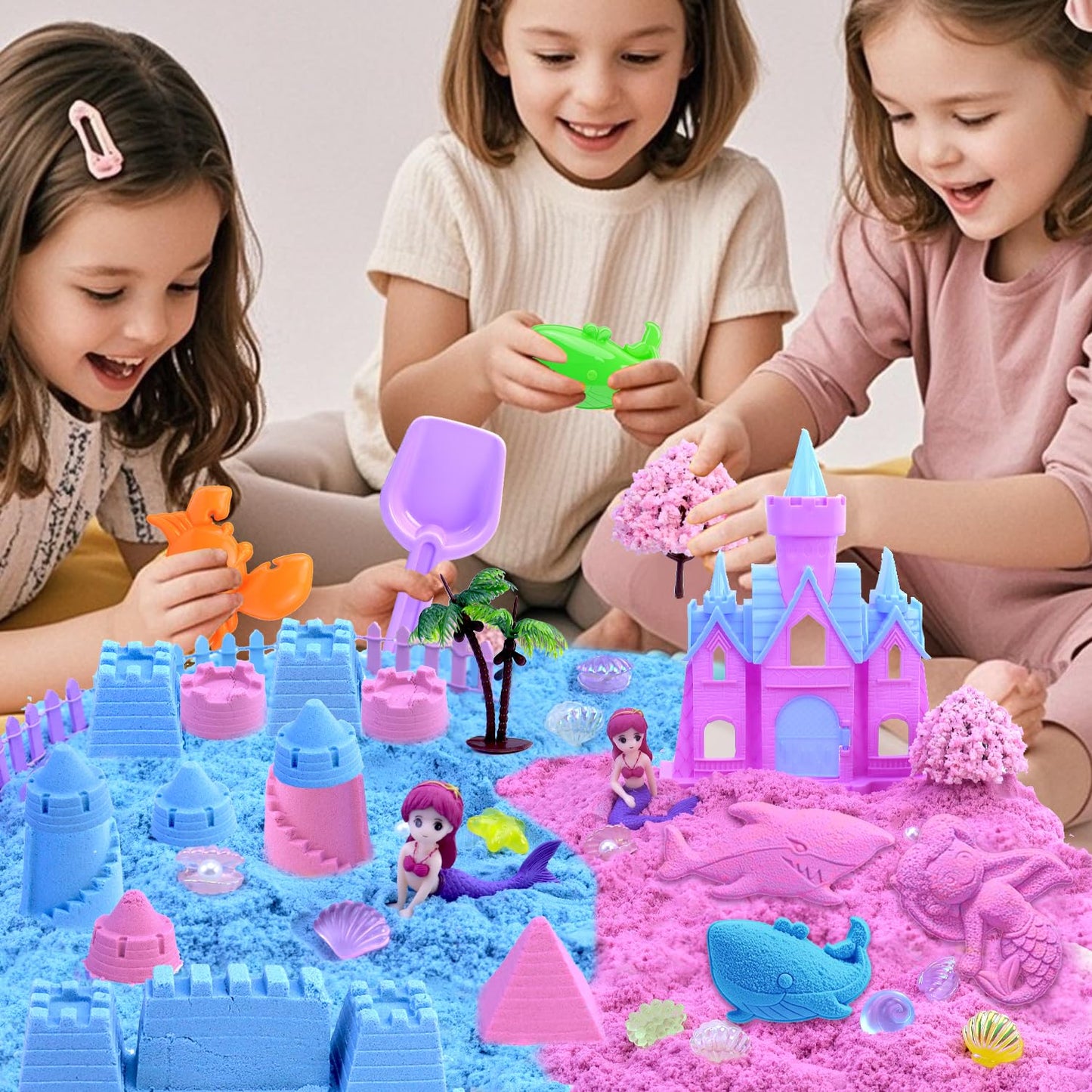 Mermaid Sensory Bin,Play Sand Art Kinetic Sand Play set Fine Motor Skills Montessori Sand Toys with 2.2 lbs Sand & Castle Molds & Sand Shovel Tools,Ocean Theme Educational Toys for aged 3-8 Girls