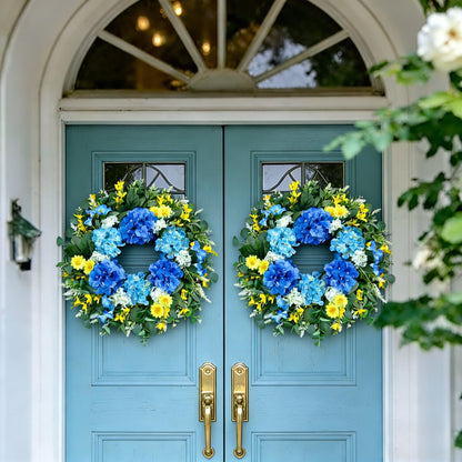 26 Inch Spring Wreaths for Front Door Outside Large Artificial Summer Wreath Silk Hydrangea Wreath with Yellow Daisy and Eucalyptus Leaves Indoor Outdoor Porch Rustic Farmhouse Home Wall Wedding Decor